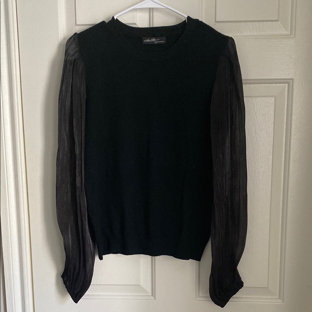 Black Crew Neck Sweater With Sheer Metallic Black Long Balloon Sleeves